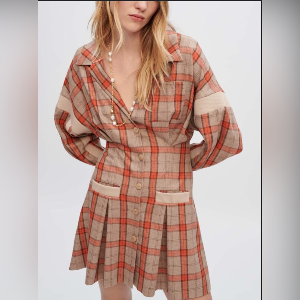 Maje Paris Plaid Shirt Dress – Pleated Wool-Blend Look – Size 36